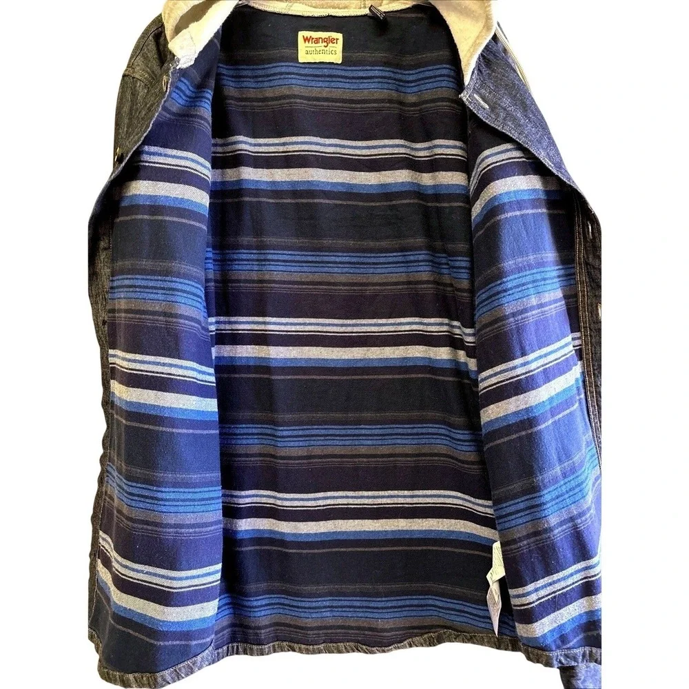 Wrangler Authentics Mens Denim Hooded‎ Shirt Jacket Size L Blue Flannel Lined